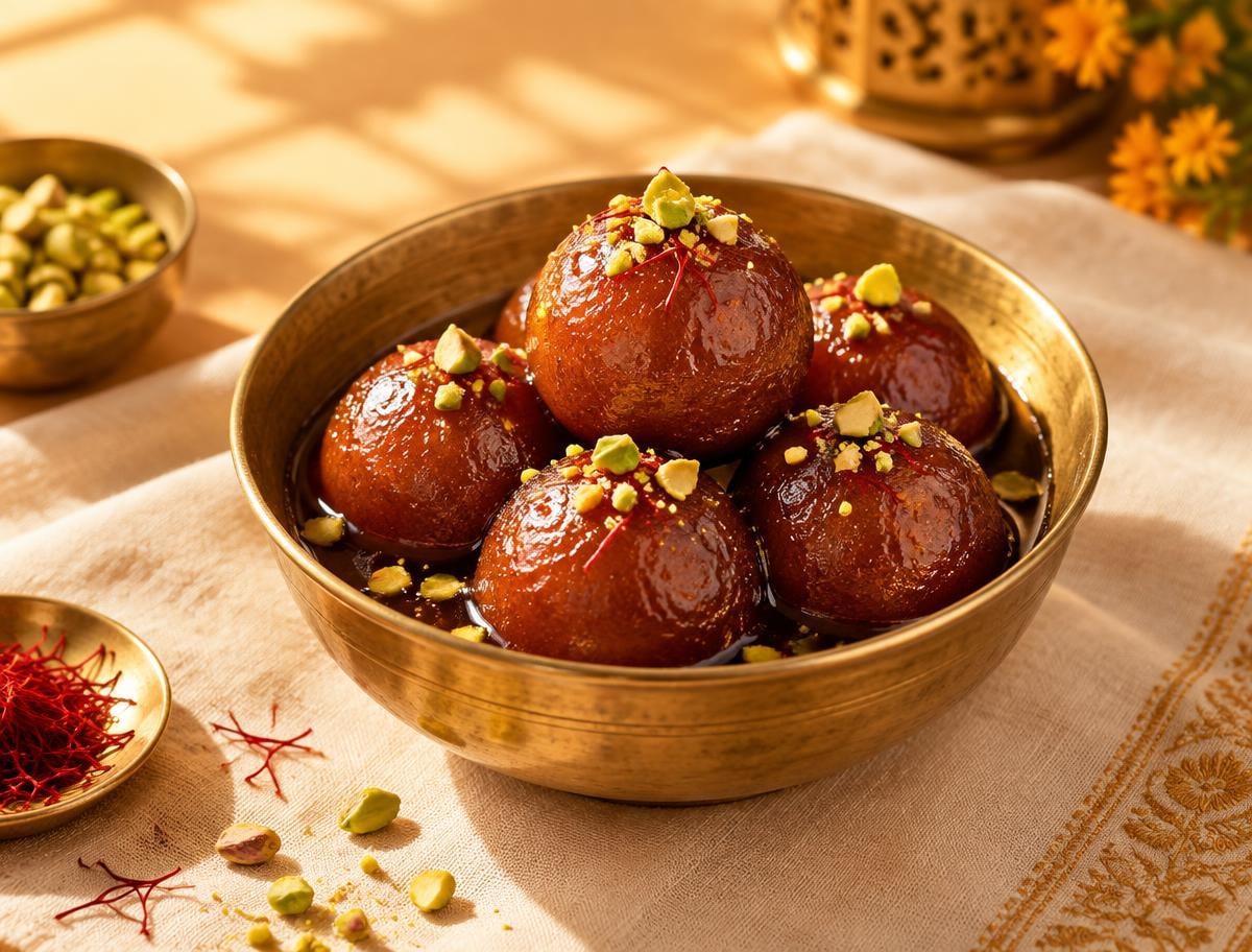 Warm gulab jamun topped with pistachio and saffron