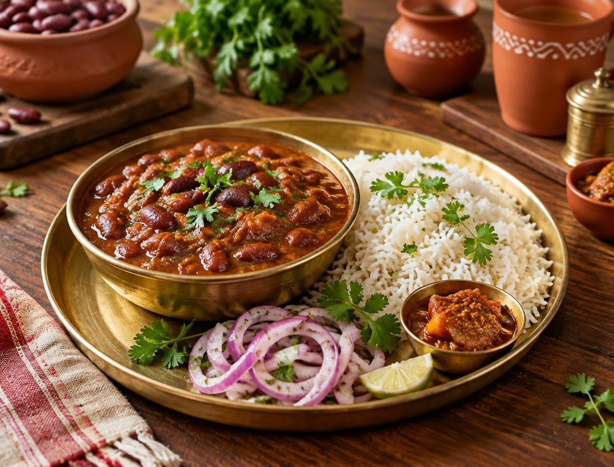 Rajma chawal with onion salad and pickle in a brass thali