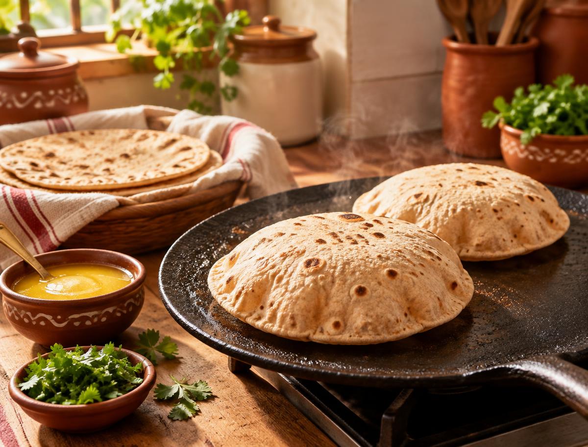 Fresh puffed rotis on a hot iron tawa with ghee
